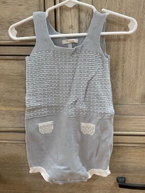 Babydif European Light Blue Knit Baby Romper with White Trim